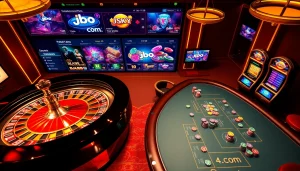 Experience the thrill of gaming at jbo.com with dynamic poker tables and vibrant slot machines.