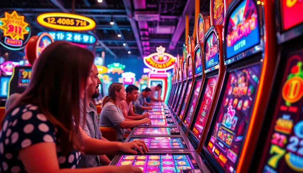 Permainan slot petani toto dengan pemain bersemangat dalam suasana hidup.