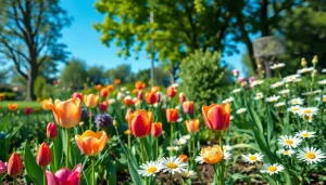 Gardening scene showcasing vibrant flowers and green foliage in a beautifully maintained garden.