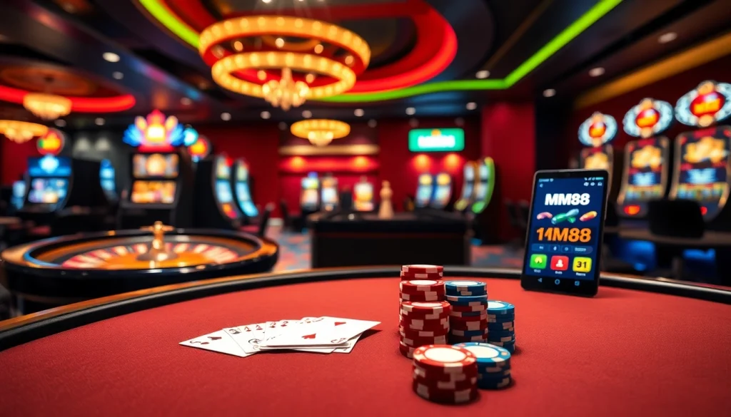 Experience the excitement of gambling at https://mm88.in.net/ with a luxurious poker table and vibrant casino atmosphere.