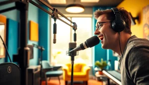 Stream captivating content at hometownstation.com with a vibrant radio studio scene featuring a passionate host.