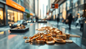 Goldankauf in der Nähe: Schmuckstücke an einem modernen Schmuckankaufsstand ausgestellt.