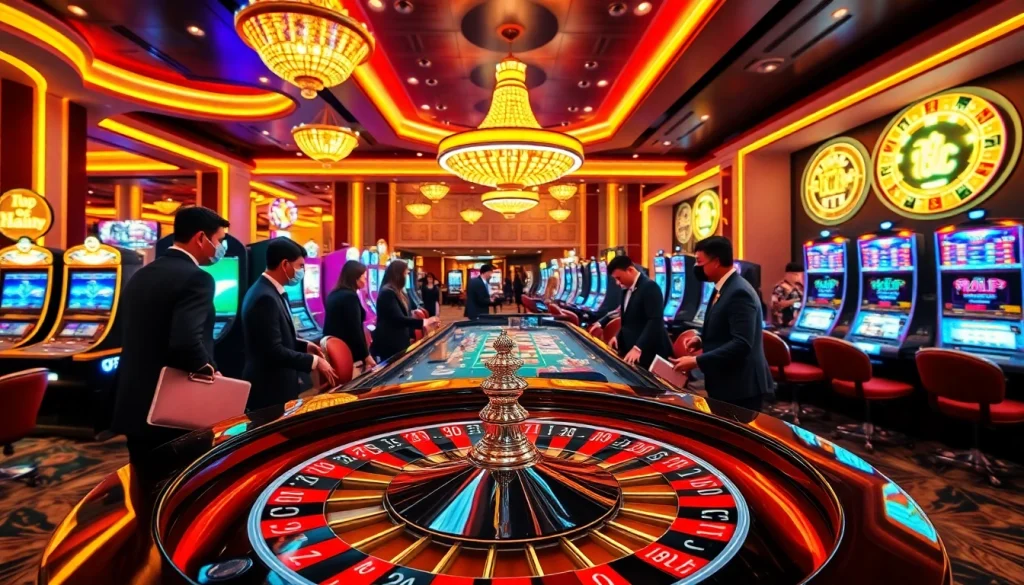 Experience the thrill of luxury gambling with a roulette table and slot machines, as players strategically engage in "Nếu như vậy bám vào đây."