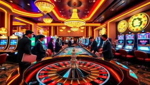 Experience the thrill of luxury gambling with a roulette table and slot machines, as players strategically engage in "Nếu như vậy bám vào đây."