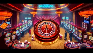 Experience the thrill of vn88 at a luxurious casino with vibrant slot machines and lively gaming tables.