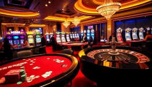 Experience the thrill of gambling at https://mm88.how/ with an elegant casino scene featuring tables and vibrant slot machines.