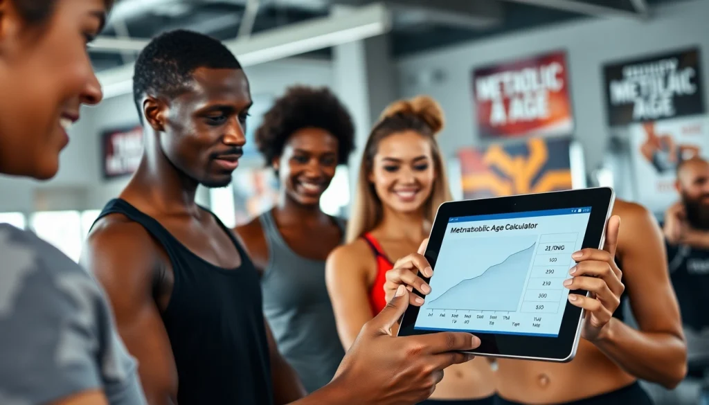 Calculate your metabolic age with a digital calculator in an energetic gym setting.
