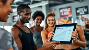 Calculate your metabolic age with a digital calculator in an energetic gym setting.