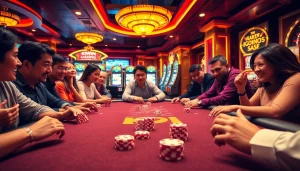 A lively gambling scene at KKWIN com, showcasing dynamic poker action and exciting slot machines.