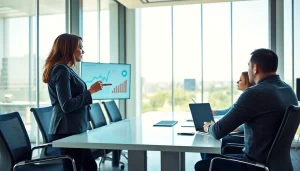 Business professionals collaborating in a modern setting during a meeting.