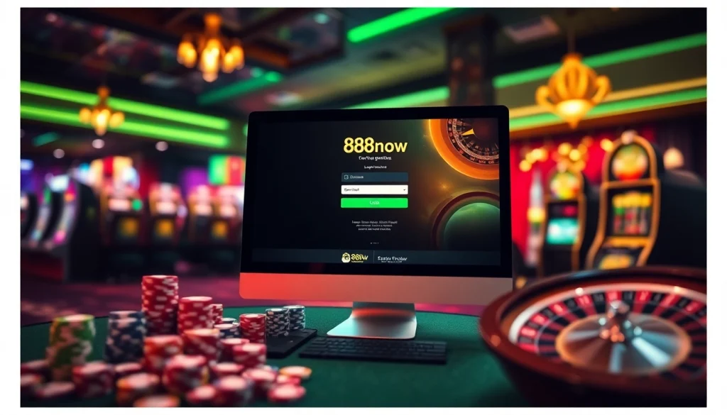Exciting scene showing 888now đăng nhập on a computer screen surrounded by casino elements.