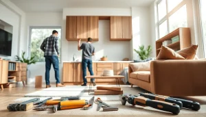 Showcasing a home renovation project with skilled craftsmen enhancing a living room's aesthetics.