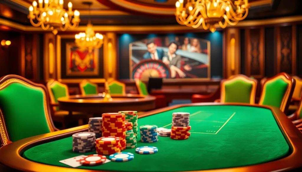 Superbet poker table with colorful chips and spinning roulette in a luxurious casino setting.