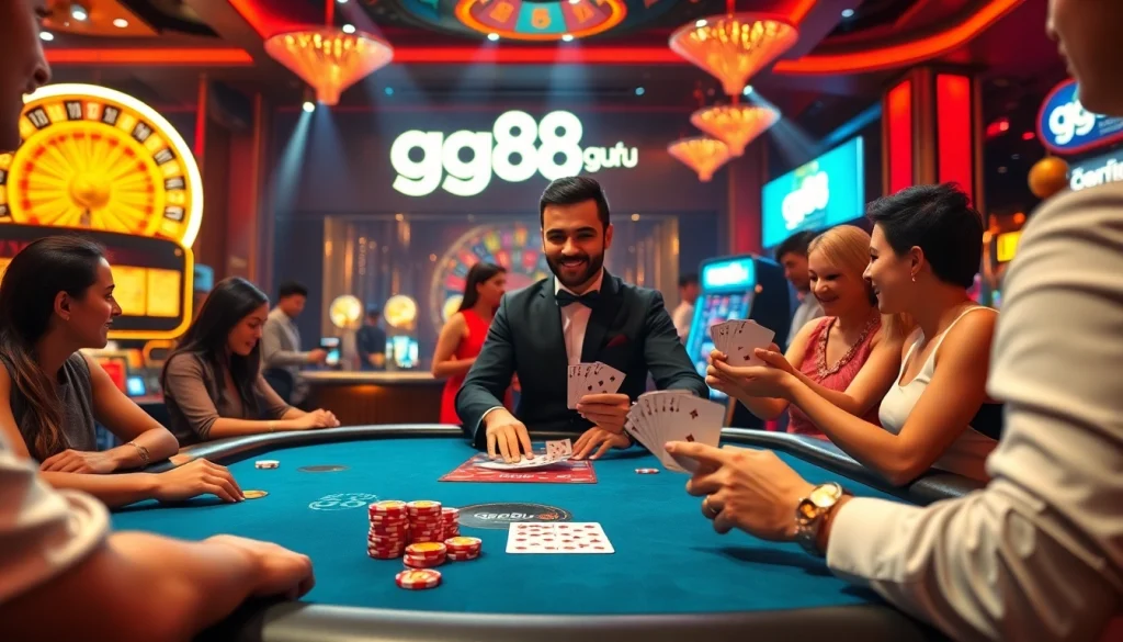 Players enjoy a dynamic poker game at a luxurious table, embodying the experience of gg88 guru.
