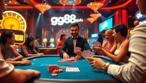 Players enjoy a dynamic poker game at a luxurious table, embodying the experience of gg88 guru.