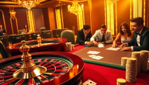Exciting gambling scene showcasing the vibrant casino atmosphere at https://e2bet-games.com/, featuring roulette wheels and poker tables.
