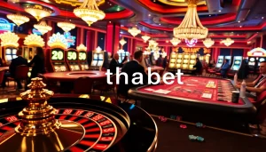Experience thabet's vibrant casino thrill with players at poker and roulette tables.