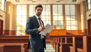 Memperlihatkan pengacara profesional, brio4d, berunding di ruang sidang modern dengan keyakinan tinggi.