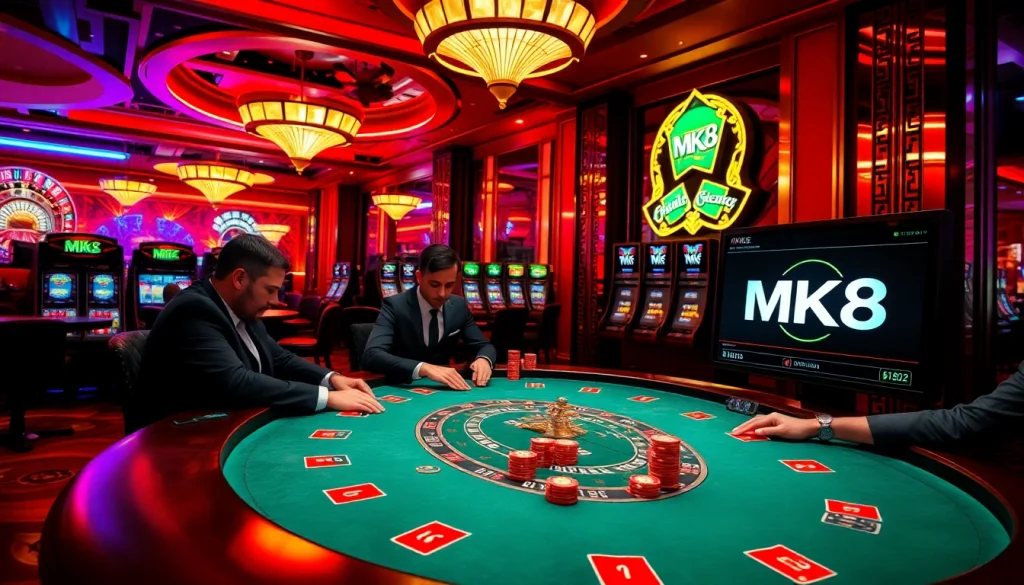 Players enjoying a tense poker game at MK8, showcasing the luxury of online gambling.