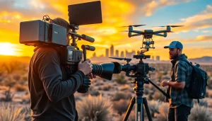 Showcasing innovative video production Phoenix team capturing dynamic shots in a vibrant skyline setting.