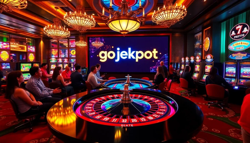 Betting excitement at a gojekpot casino as players win on roulette and slot machines.