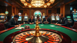 S88 gaming experience at a luxury casino with poker, roulette, and vibrant slot machines.