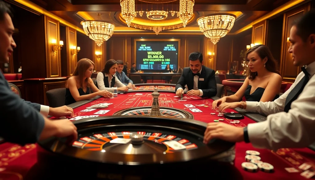 Experience the excitement of gambling at lc88.com with players enjoying poker and roulette under warm lighting.