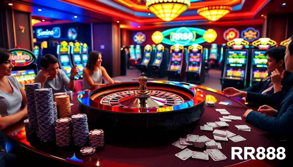 Exciting casino atmosphere at RR88 featuring a roulette table, chips, and engaged players.