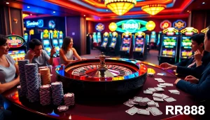 Exciting casino atmosphere at RR88 featuring a roulette table, chips, and engaged players.
