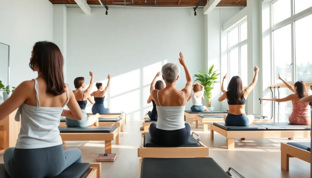 台東区のグループピラティスクラス。多様な参加者がエクササイズに取り組み、ウェルネスを強調。