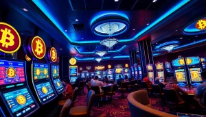 Immersive bitcoin casino experience with players enjoying games and vibrant lighting.
