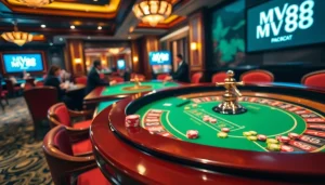 Experience vibrant gameplay at MV88 Casino with roulette, poker chips, and professional dealers.