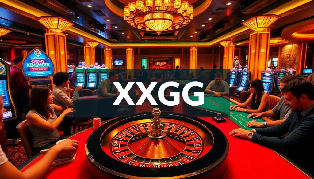 Excited gamblers at a luxurious casino featuring the vibrant XXGG experience with roulette and slot machines.