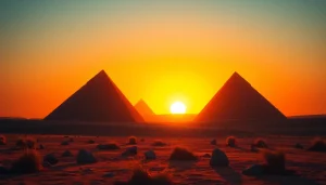 Pyramids silhouetted against a stunning sunset, creating a mystical atmosphere around piraminds.