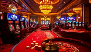 Experience the thrill at FLY88's vibrant casino with dazzling tables and excited players.