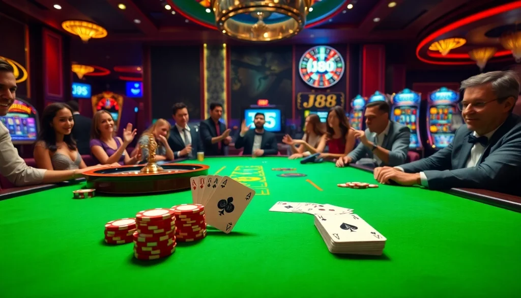 Players winning at the J88 casino table, celebrating a thrilling game night.