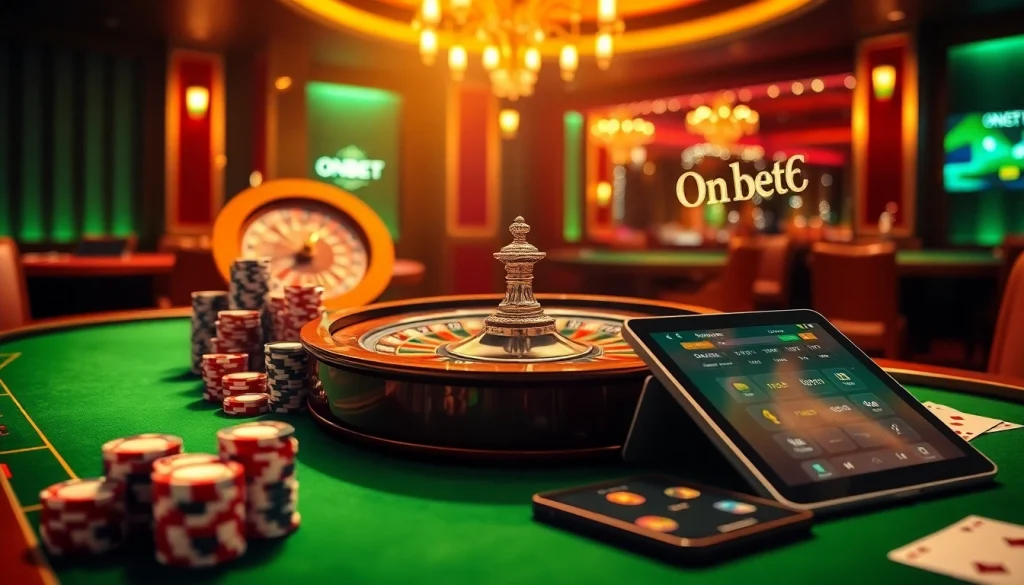 Winning at ONBET88 casino, vibrant roulette wheel and poker setup.