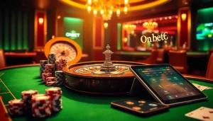 Winning at ONBET88 casino, vibrant roulette wheel and poker setup.
