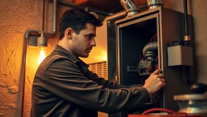 Heating repair Bedford NY technician efficiently servicing a furnace in a welcoming home.