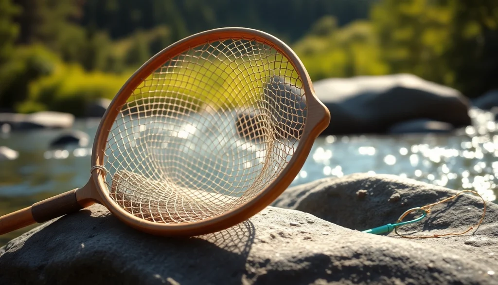 Catch and release with a durable fly fishing net resting on a river rock.