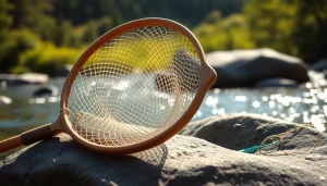 Catch and release with a durable fly fishing net resting on a river rock.