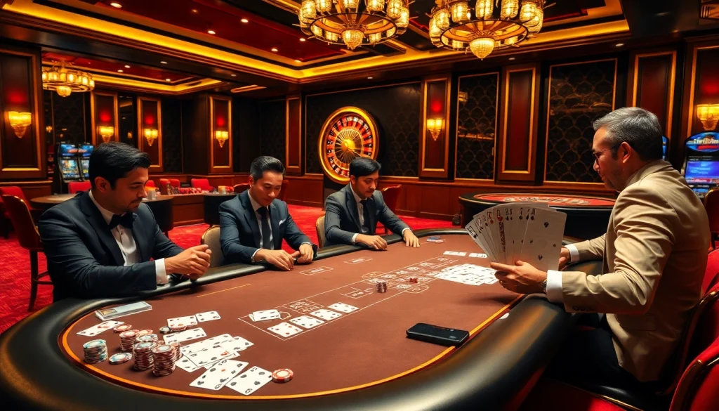 Experience the excitement of gambling at https://okfun.uk.net/ with a lively poker game in a luxurious casino setting.