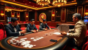 Experience the excitement of gambling at https://okfun.uk.net/ with a lively poker game in a luxurious casino setting.