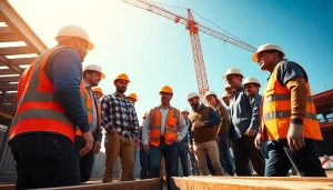 Engaged professionals working on careers in construction at a vibrant site.
