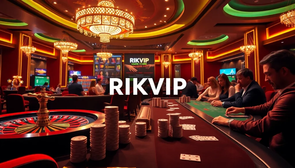 RIKVIP casino scene featuring poker chips and roulette wheel in a luxurious environment.