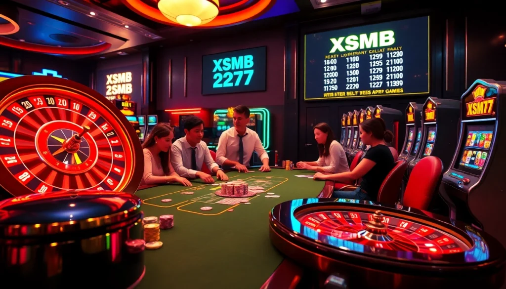 Gamblers celebrating wins at the XSMB 247 poker table, surrounded by vibrant casino elements.