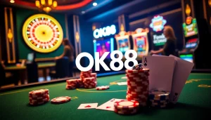 A panoramic view of an elegant online casino scene featuring OK88 branding, poker chips, playing cards, and slot machines.