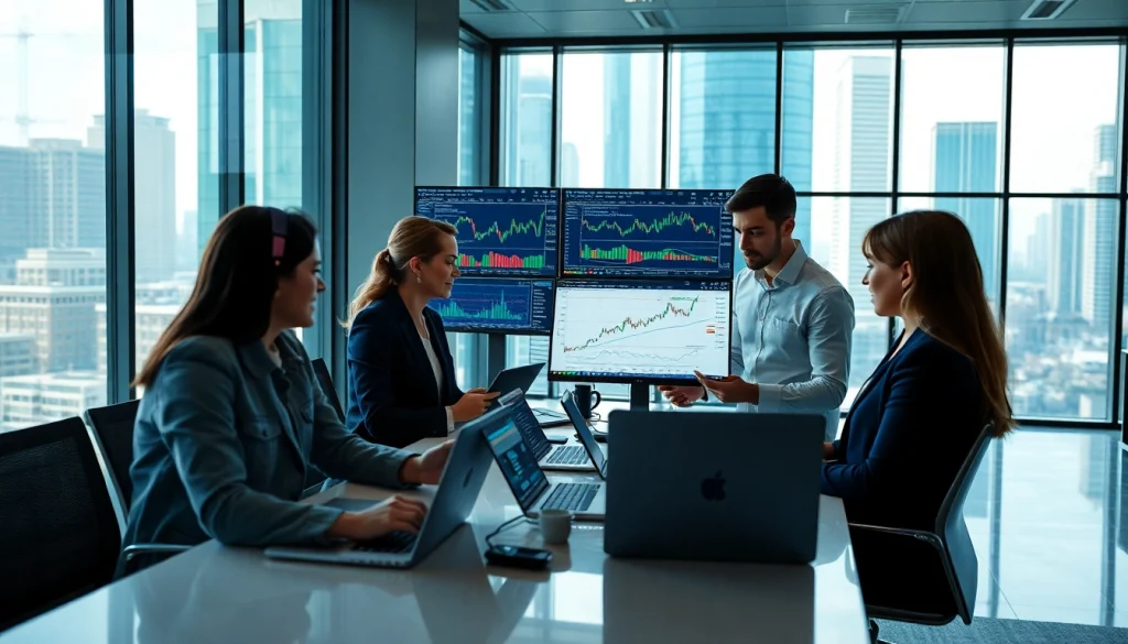 Traders utilizing the quantum ai app in a modern office environment, showcasing advanced technology for optimal trading strategies.