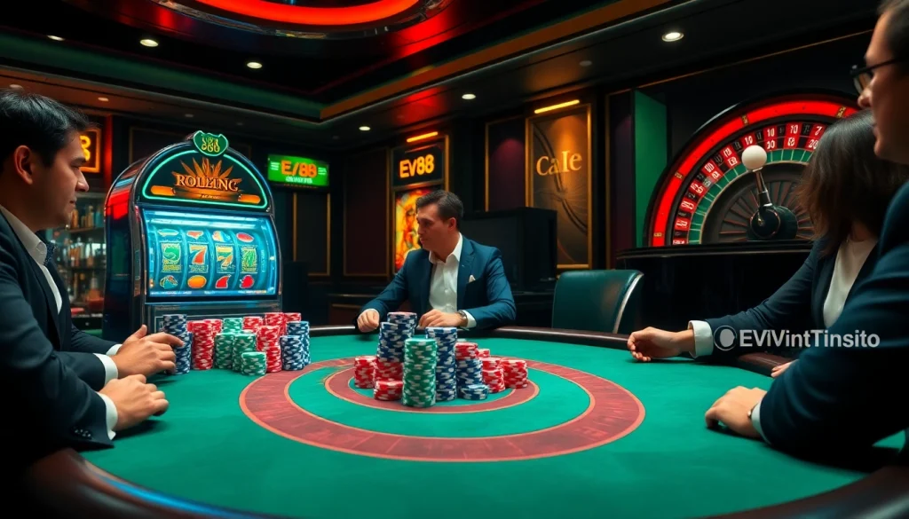 Players engaging at a luxurious Ev88 poker table surrounded by colorful chips and a spinning roulette wheel.