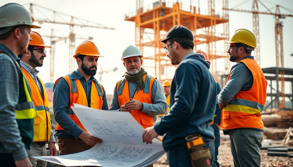 Workers engaged in careers in construction collaborate on blueprints at a bright job site.